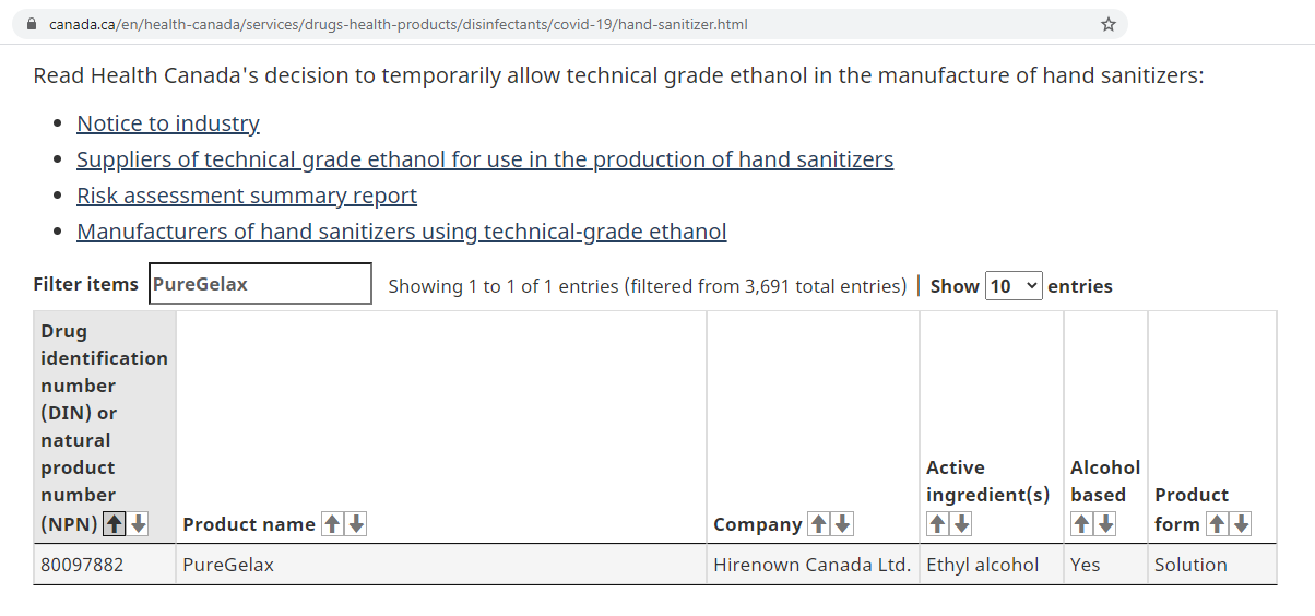 health canada website with PureGelax